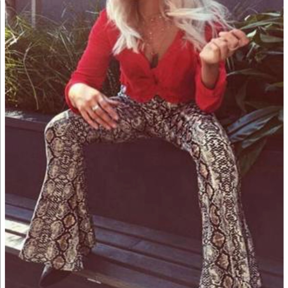 Snake print bell bottoms.